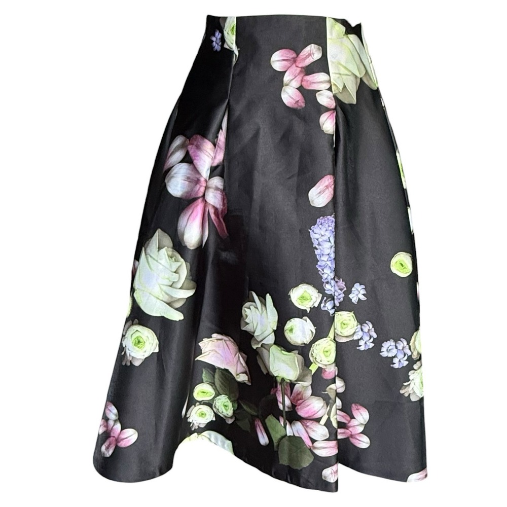 Ted Baker 2 US 8-10 Black Kensington Floral Midi Skirt Pleated Pockets Back Zip